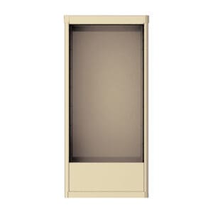 Tall, beige display case with glass front.