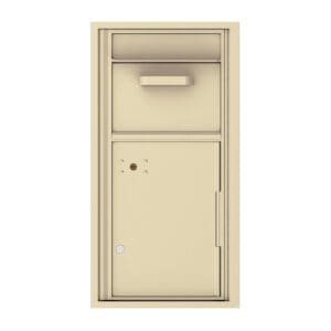 Beige wall-mounted mailbox with lockable compartment.