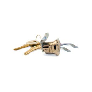 Keys and lock cylinder on white background.