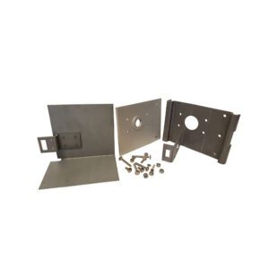 Metal brackets and screws on white background.