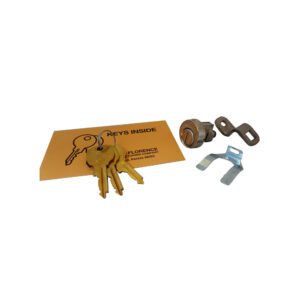 Keys and lock components on white background.