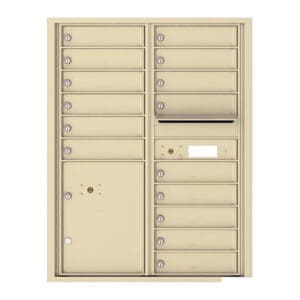 Beige metal mailbox with multiple compartments.