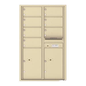 Beige community mailboxes with lockable compartments