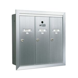 Silver three-door wall-mounted mailbox unit