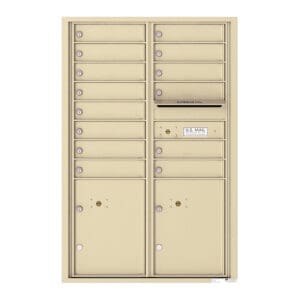 Beige community mailbox with lockable doors