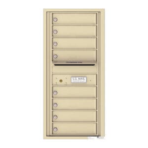 Beige multi-unit outdoor mail delivery box.