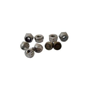 Metal nuts and bolts on white background.
