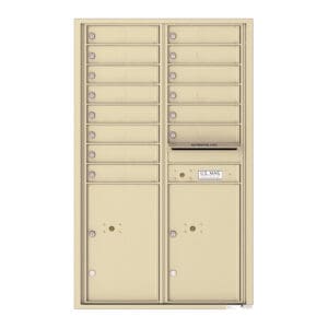 Beige community mailbox with multiple slots.