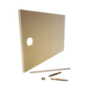 Wooden panel with hole and hardware components.