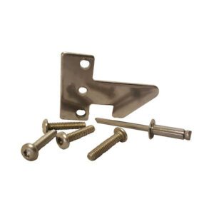 Metal bracket with screws and a bolt.