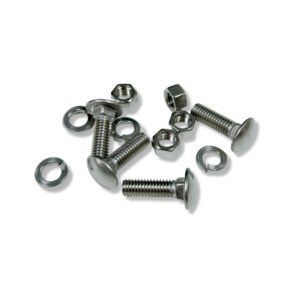 Nuts, bolts, and washers on white background.