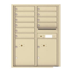 Beige multi-unit mailbox with lockable compartments.