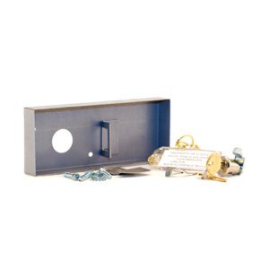 Door lock installation kit with tools.