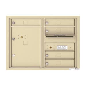 Beige multi-unit mailbox with various compartments.