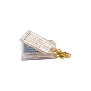 Clear plastic keychain with gold chain.