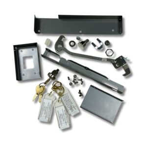 Lock mechanism parts and keys on display.