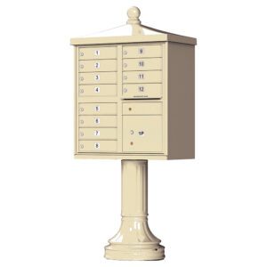 Vintage-style cream mailbox with numbered compartments.