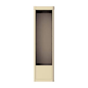 Narrow glass-fronted storage cabinet, beige color.