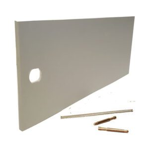 White plastic part with screws and spring.