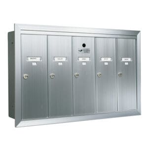 Silver wall-mounted mailbox with five compartments