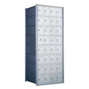 Gray metal storage lockers in rows