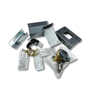 Various metal components and keys with tags.